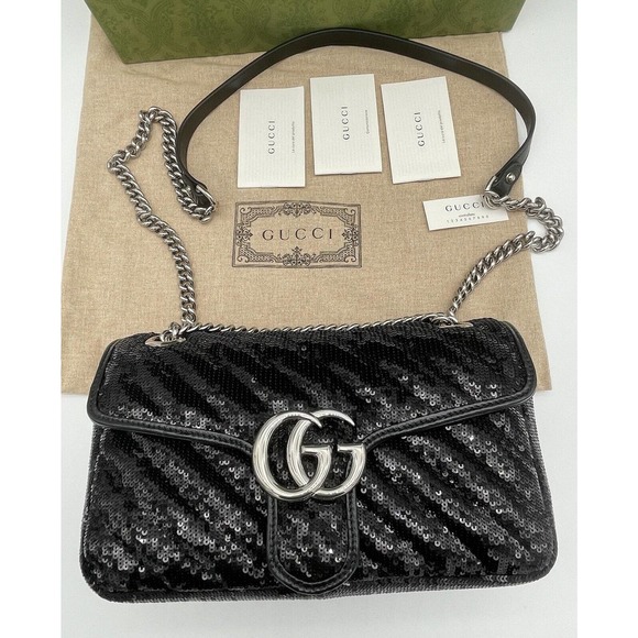 NEW GUCCI MARMONT SEQUIN LEATHER BLACK CROSSBODY SHOULDER BAG PURSE AUTH BOX! - Picture 1 of 16